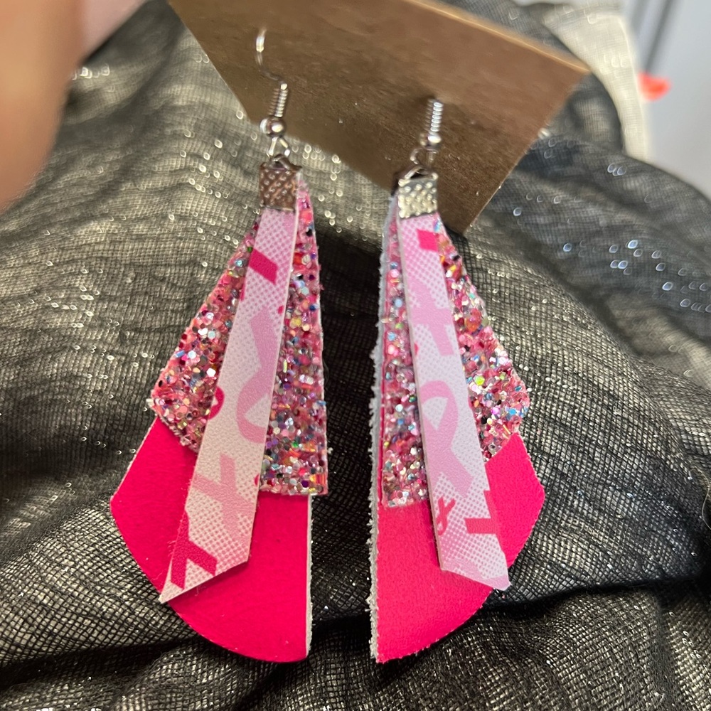 Pink White Ribbon Breast Cancer Awareness real & vegan leather hypoallergenic